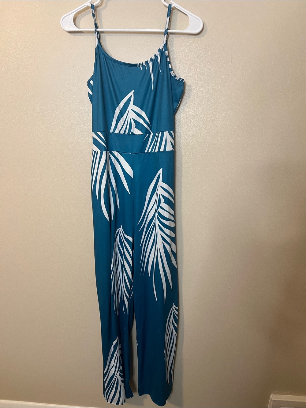 Teal Sphaghetti Strap Jumpsuit With White Tropical Palm Leaf Pattern
